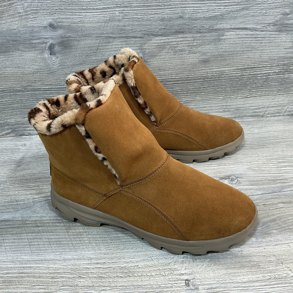SKECHERS Goga Mat On The Go Suede Faux Fur Lined Boots Chestnut/Leopard Size 10